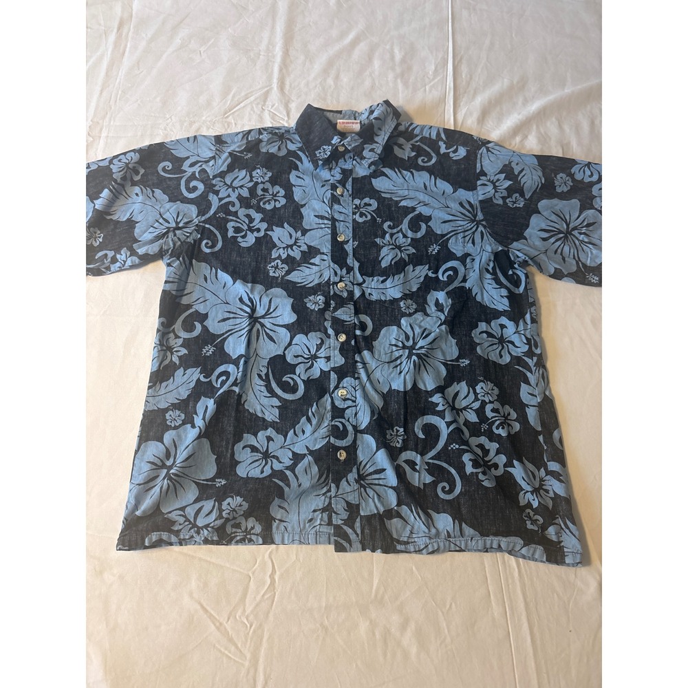 Go Barefoot Hawaiian Shirt Mens L Blue Hibiscus Floral Cotton Excellent USA Made